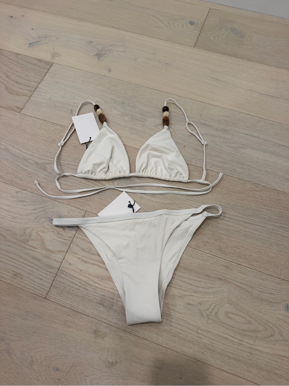 Zara Cream Triangle Bikini with Wood Bead Accents